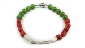 Red Coral Bamboo, White Shell, And Moss Green Dyed Mother Of Pearl Beaded Bracelet